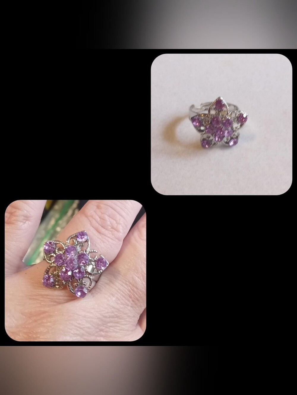 Adjustable Silver Plated Purple Rhinestone Flower Ring